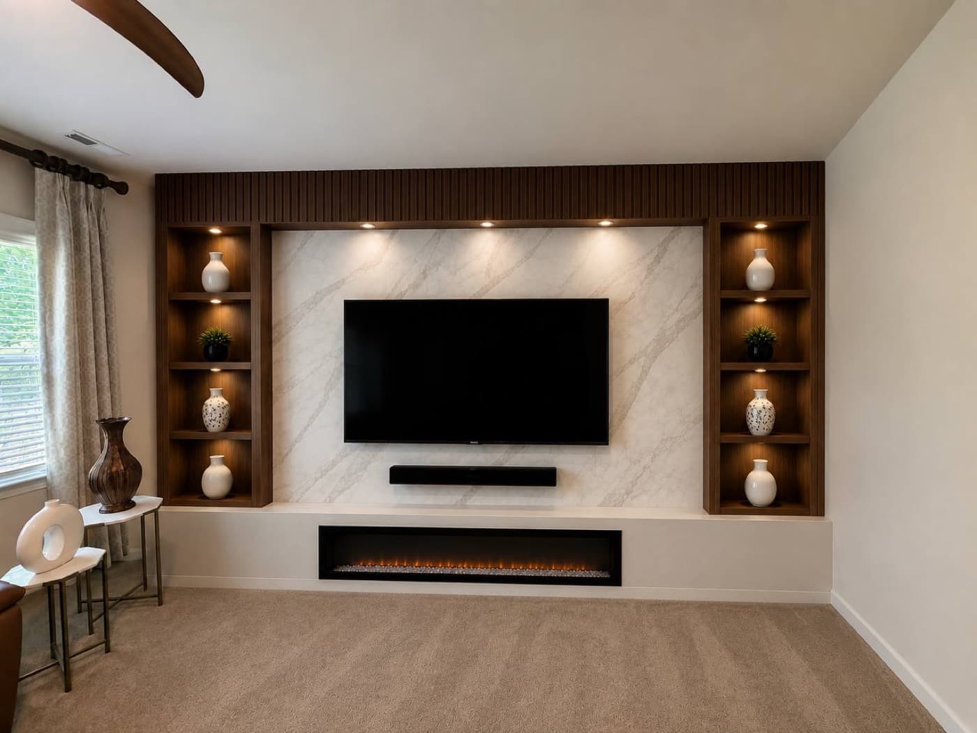 Walnut fluted panel media wall with a marble field, lit display niches and a linear electric fireplace