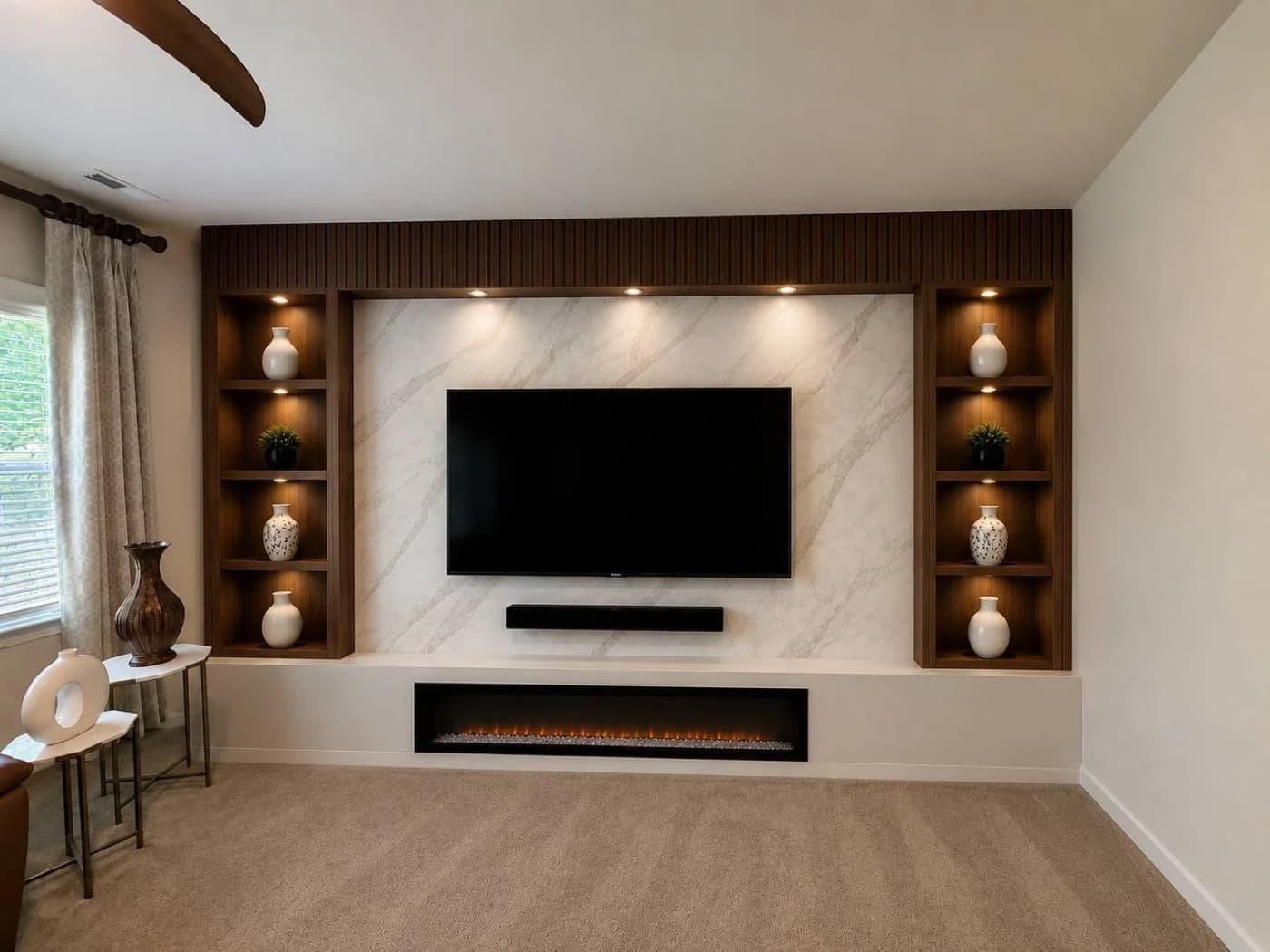 AI-Visualization of a custom media wall with a fluted walnut header, marble surround, lit display niches and a linear electric fireplace